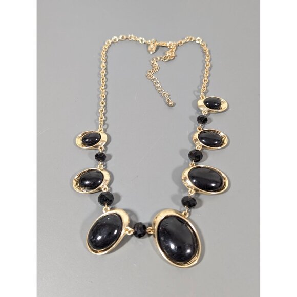 Charming Charlie Black Oval Cabochon Gold Tone Statement Necklace 23" - Picture 2 of 8